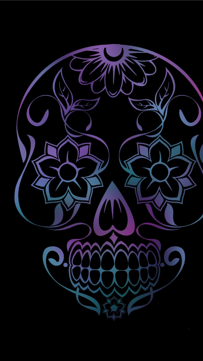 Sugar skull with purple and teal gradient floral patterns and swirling vines set against a solid black background.