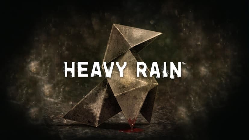 Weathered origami crane on a wet dark surface with a pool of blood under the Heavy Rain title logo.