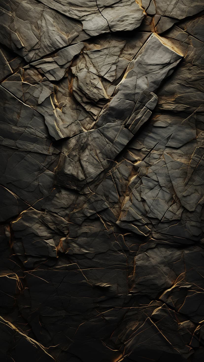 Dark charcoal rock facets with thin shimmering gold veins and sharp angular shadows in a close-up view.
