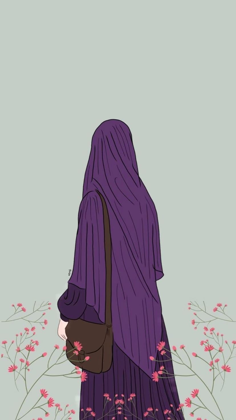 Woman wearing a purple hijab and brown shoulder bag stands framed by delicate pink flowers and branches.