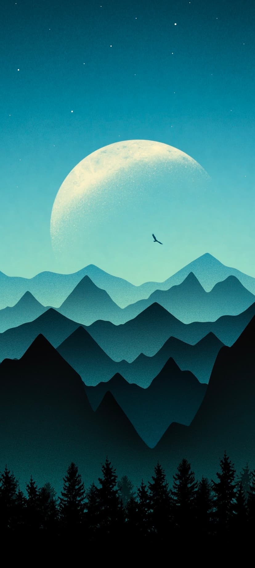 Eagle soaring past a giant moon over layered blue mountain peaks and dark evergreen tree silhouettes at night.