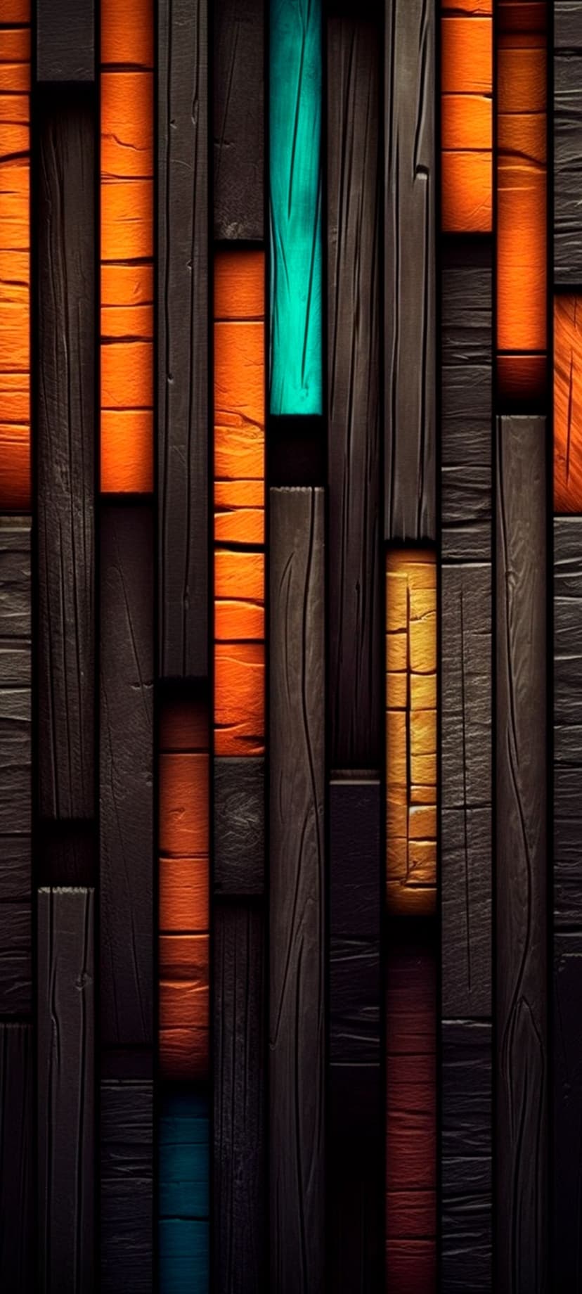 Vertical wooden planks with deep textures, teal paint splashes, and orange highlights in a rustic composition.