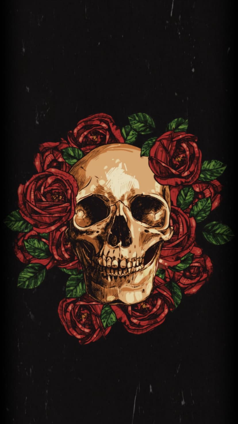 Human skull with golden textures surrounded by deep red roses and green leaves on a dark textured background.
