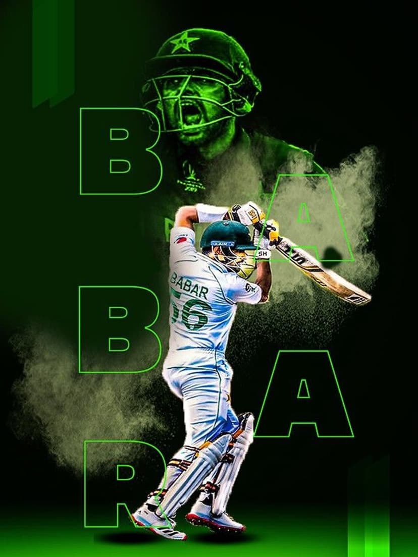 Babar Azam in a batting stance wearing a white jersey beside neon green text on a dark emerald background.