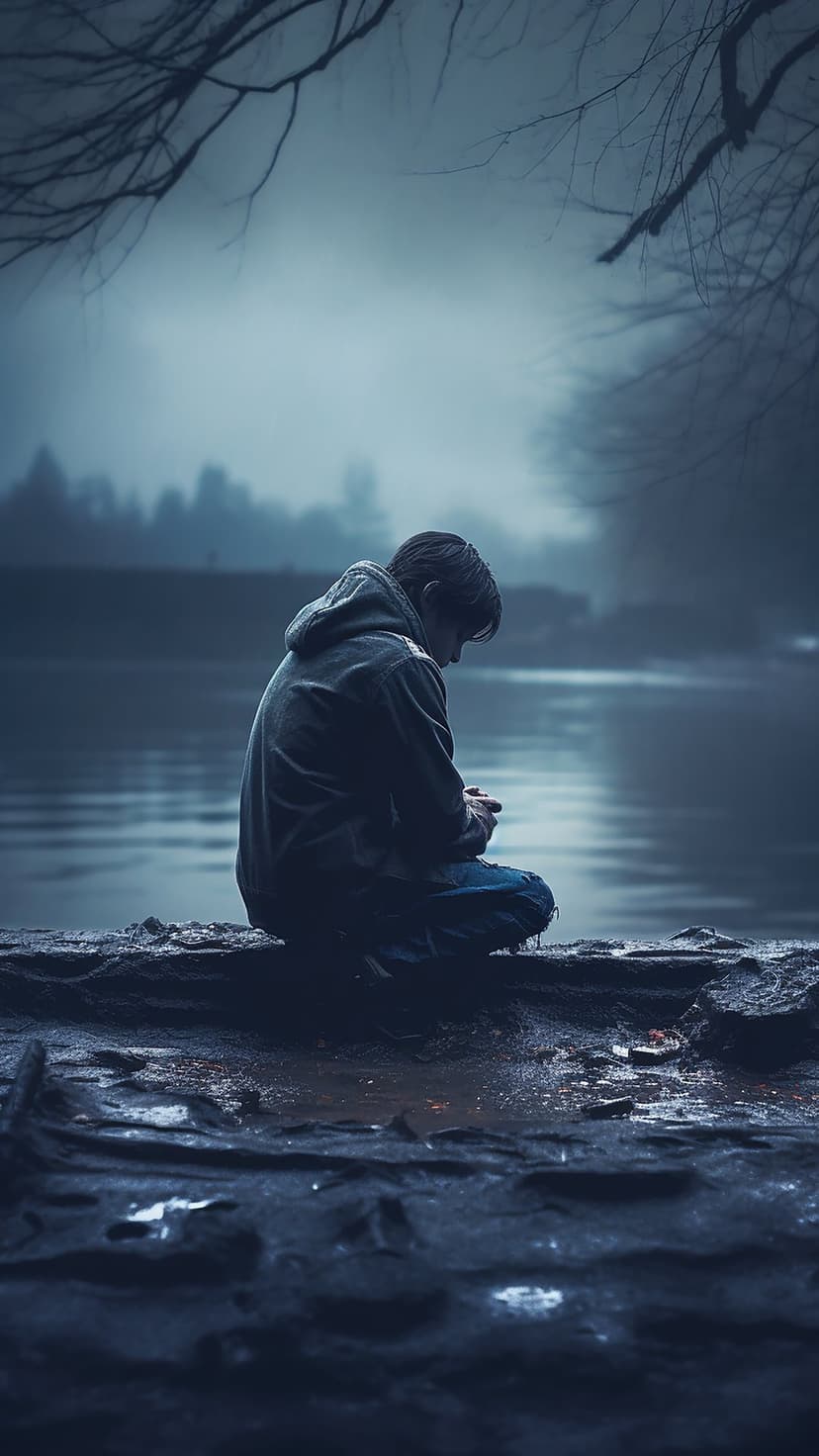 Young person in a hood sitting on a dark shore by a foggy lake with silhouetted branches in the background.