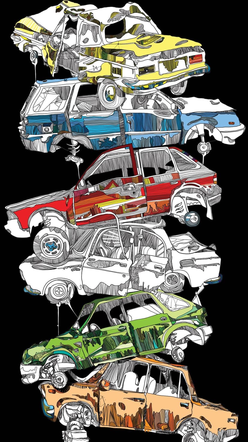 Five vintage cars stacked vertically with colorful line art patterns and vibrant accents on a black backdrop.