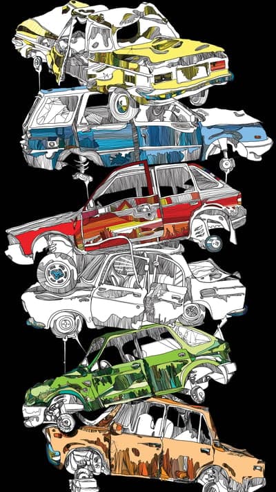 Stacked Vintage Cars Illustration with Abstract Detailing