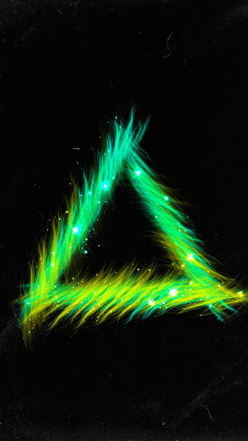 Glowing lime green and yellow energy trails forming a triangle shape with shimmering lights on a dark background.