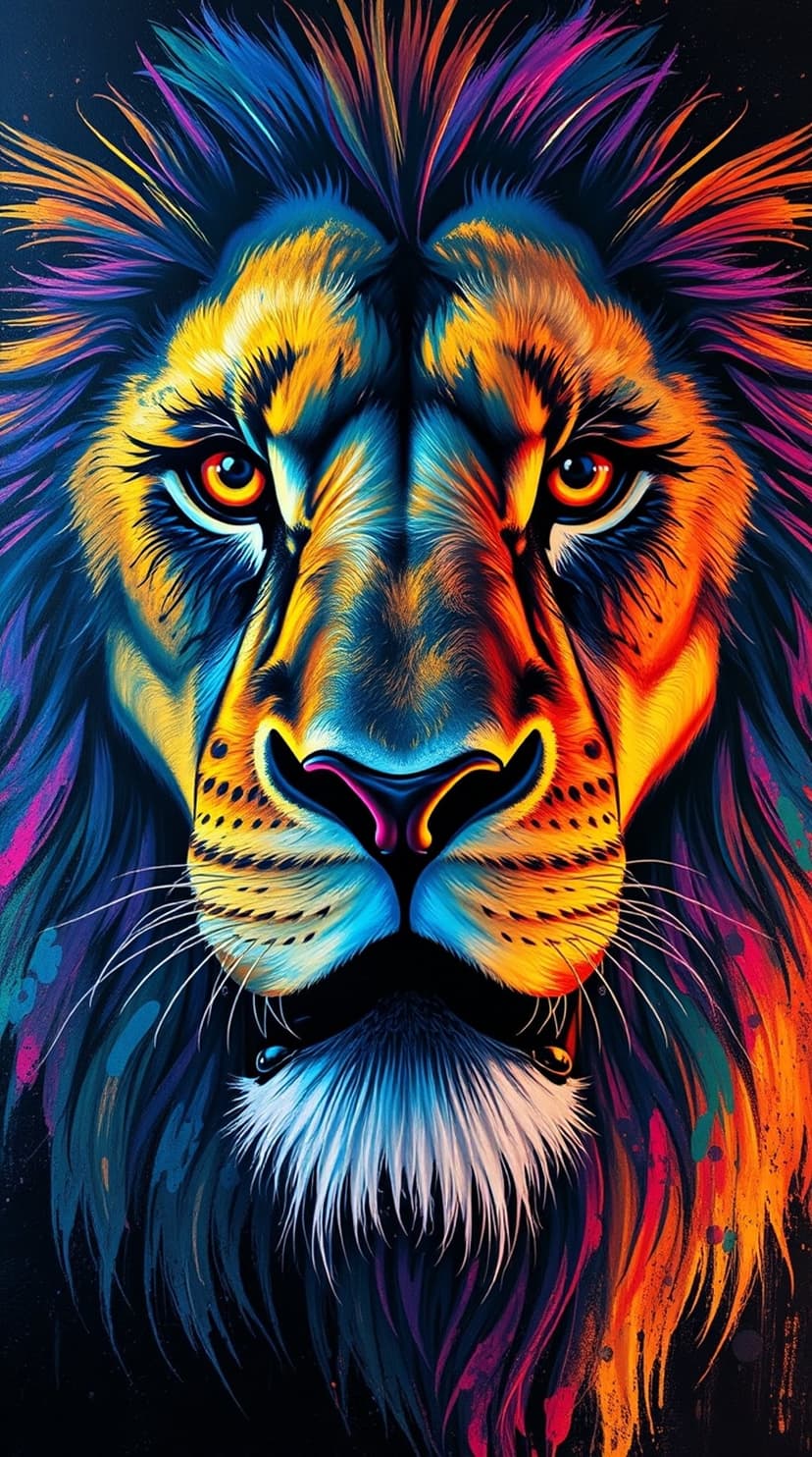 Lion face with blue and orange paint splatters across its fur and eyes, showcasing a powerful and steady gaze.