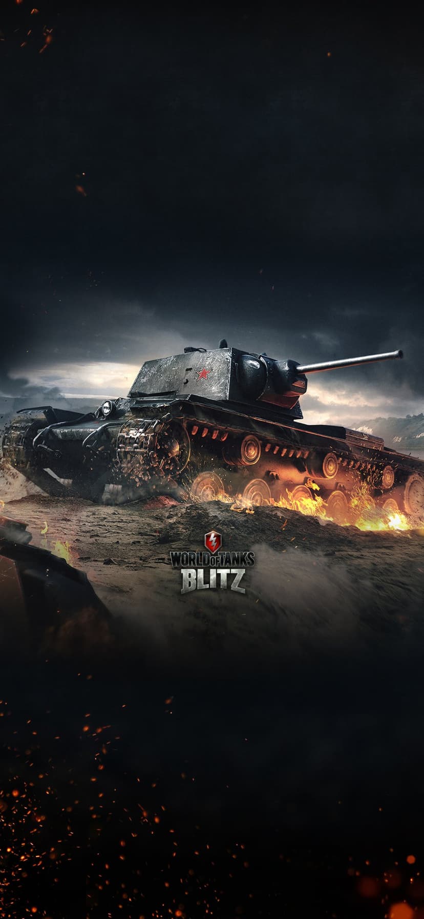 KV-2 heavy tank with a red star turret charging through glowing fire and dirt under a dark, dramatic sky.