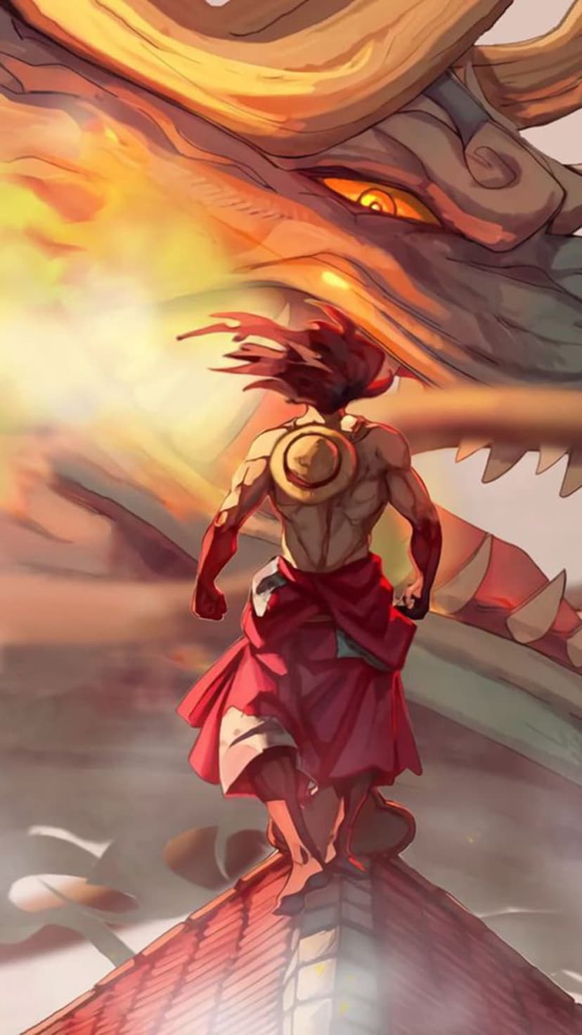 Monkey D. Luffy in Gear 5 form faces the massive blue dragon Kaido amidst swirling lightning and clouds.