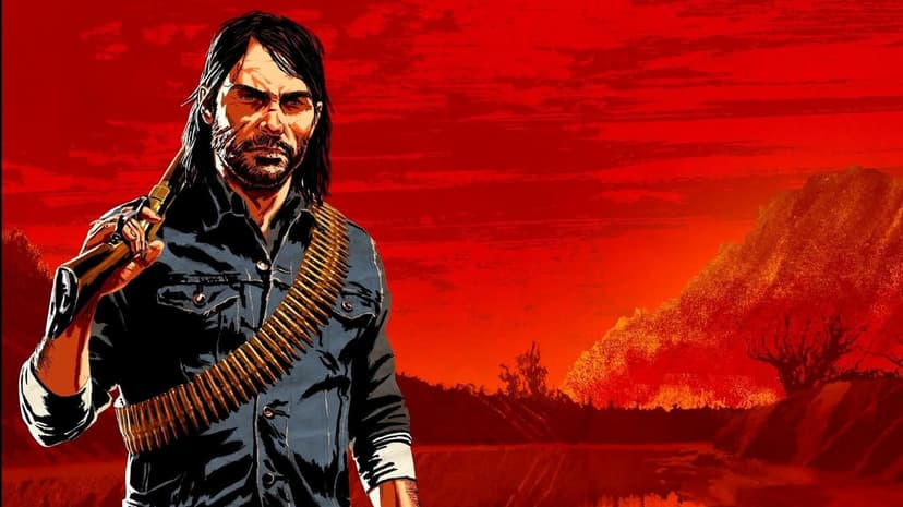 John Marston holds a rifle against a textured red sky with a bullet-filled bandolier across his denim shirt.