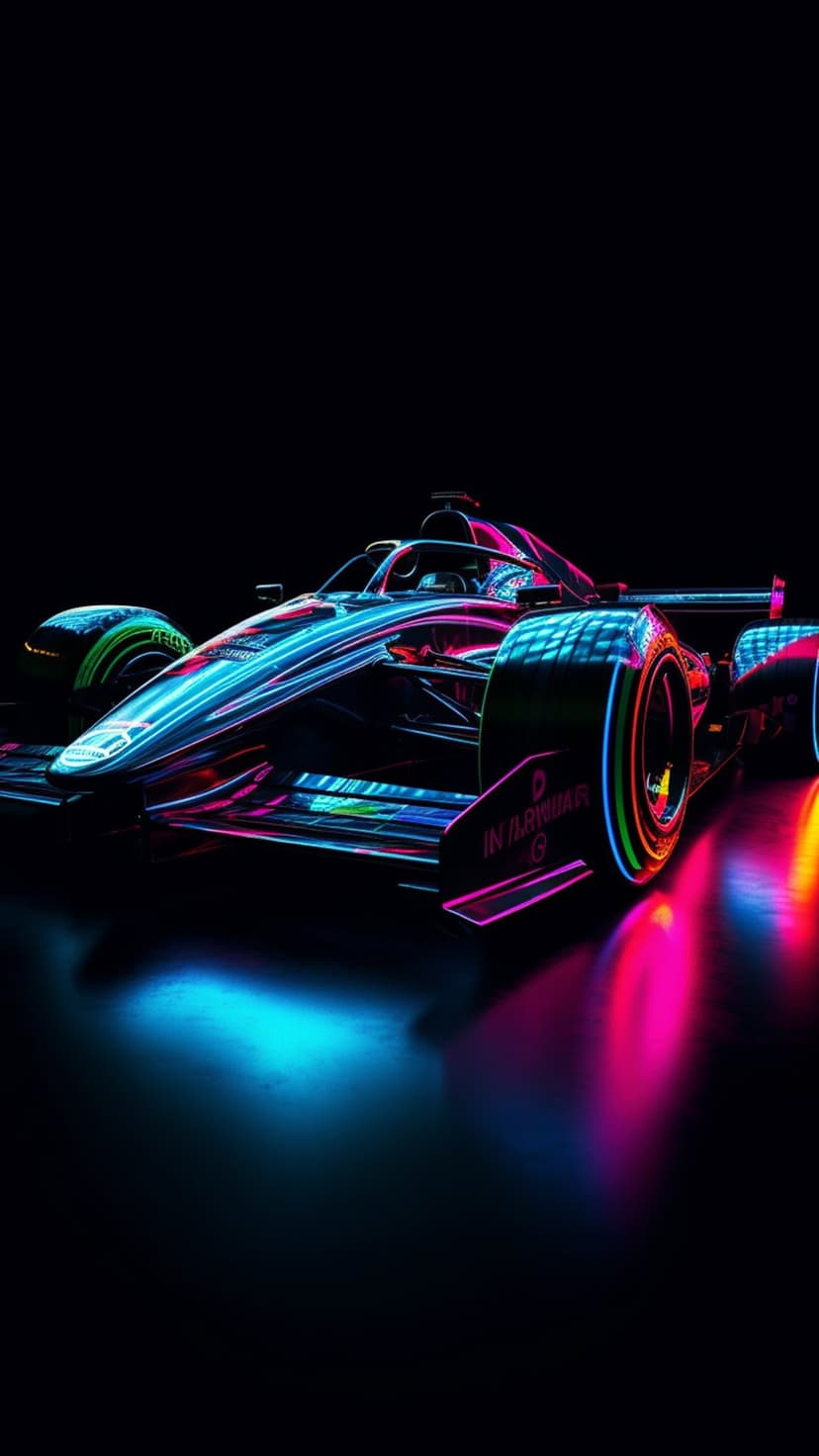 Formula 1 car glowing with blue and pink neon stripes on a dark glossy surface with sharp light reflections.