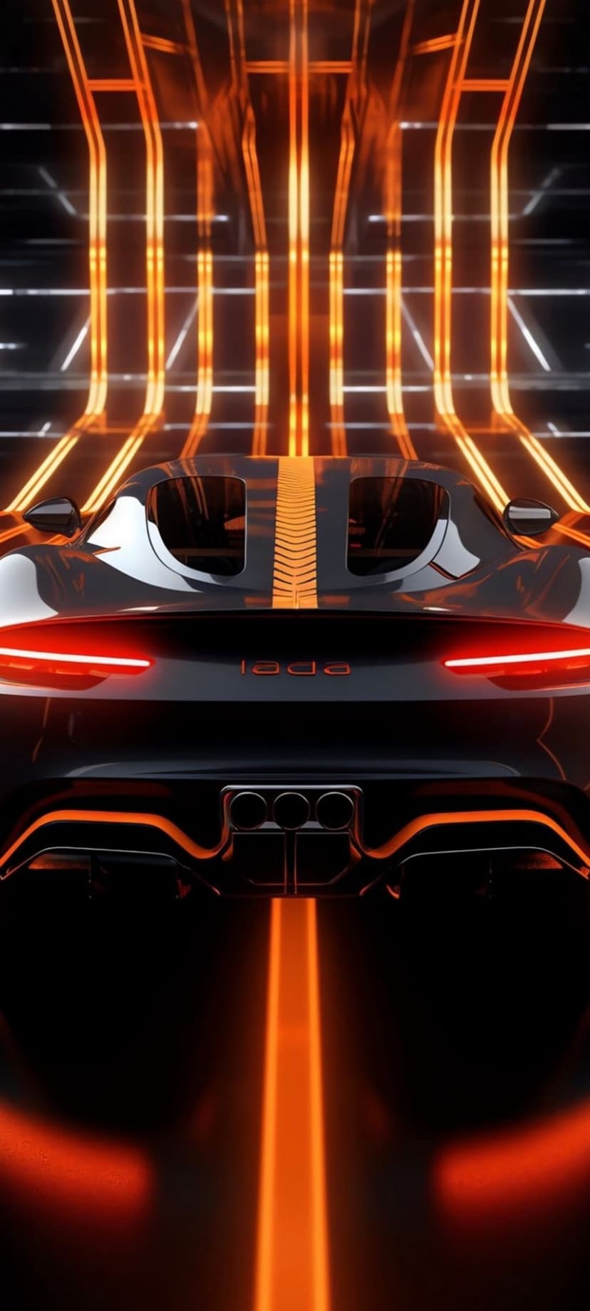 Lada sports car rear view with glowing orange racing stripes and quad exhausts against vertical neon lights.