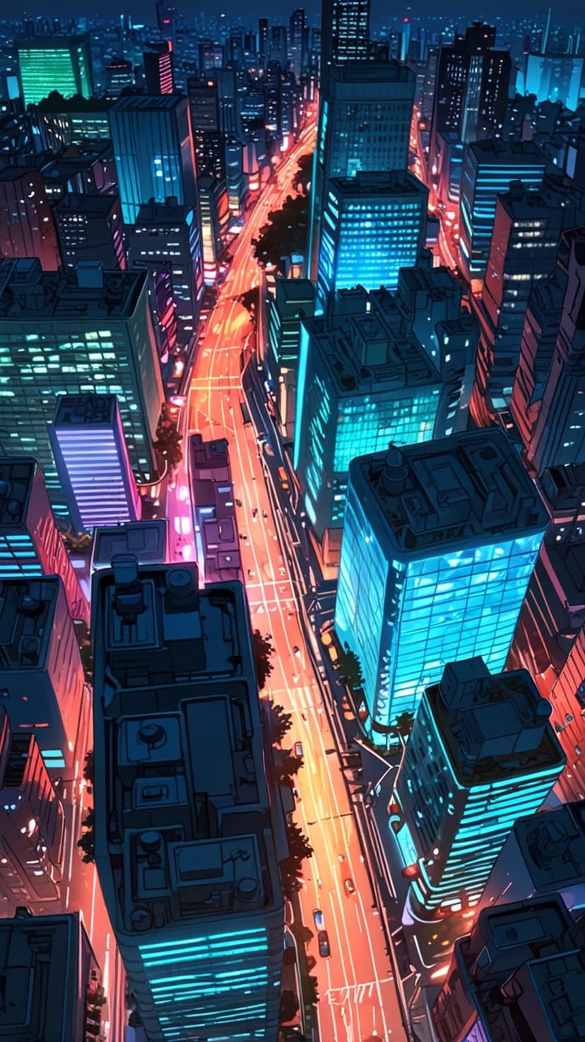 Neon skyscrapers tower over a glowing orange highway with light trails in a futuristic nocturnal city view.
