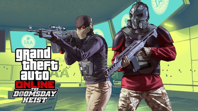 Tactical characters with masks and rifles in a glowing teal IAA control room from GTA Online Doomsday Heist.