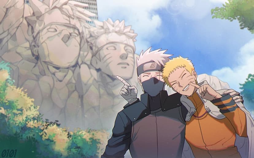 Naruto Uzumaki and Kakashi Hatake pose for a selfie with the stone Hokage Monument faces visible in the distance.