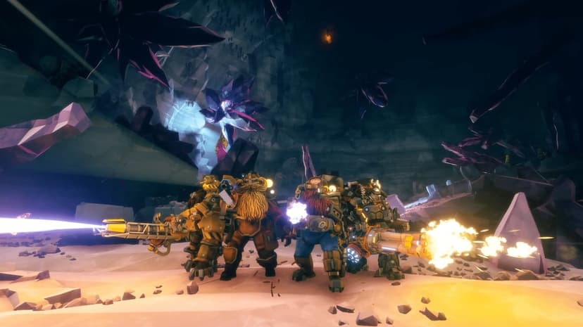Four armored dwarves firing weapons in a dark cave with large purple crystals and glowing muzzle flashes.