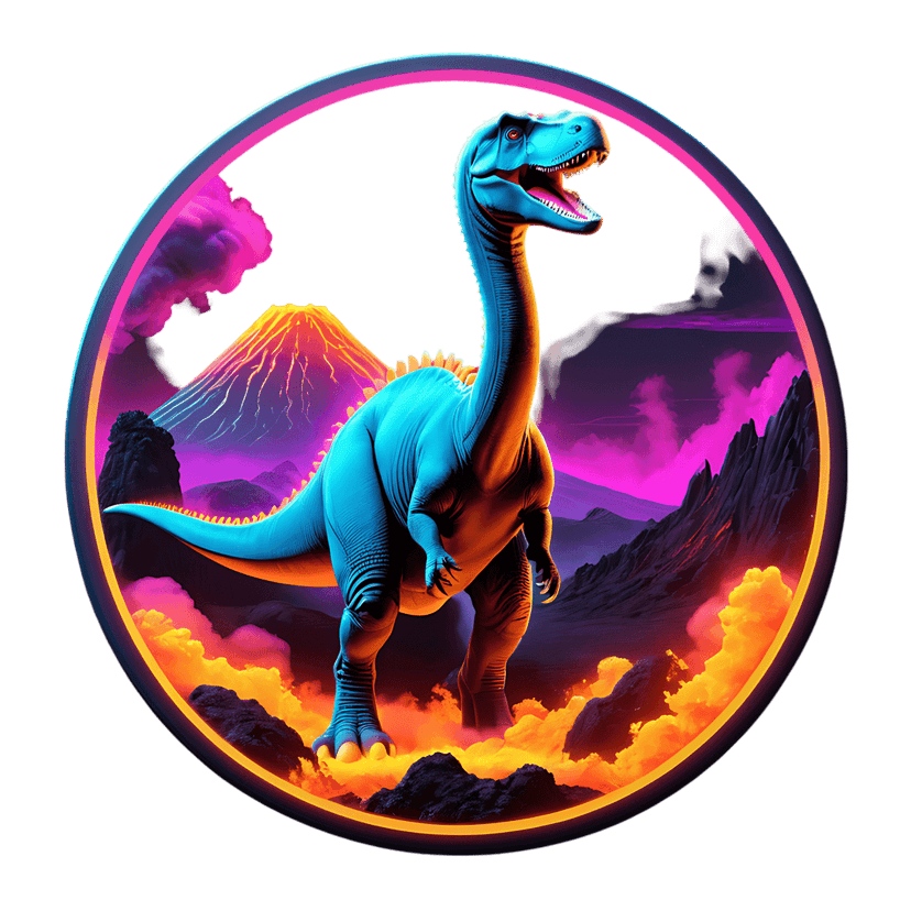 Iridescent neon dinosaur standing amidst erupting orange lava and purple clouds within a circular 3d sticker frame.