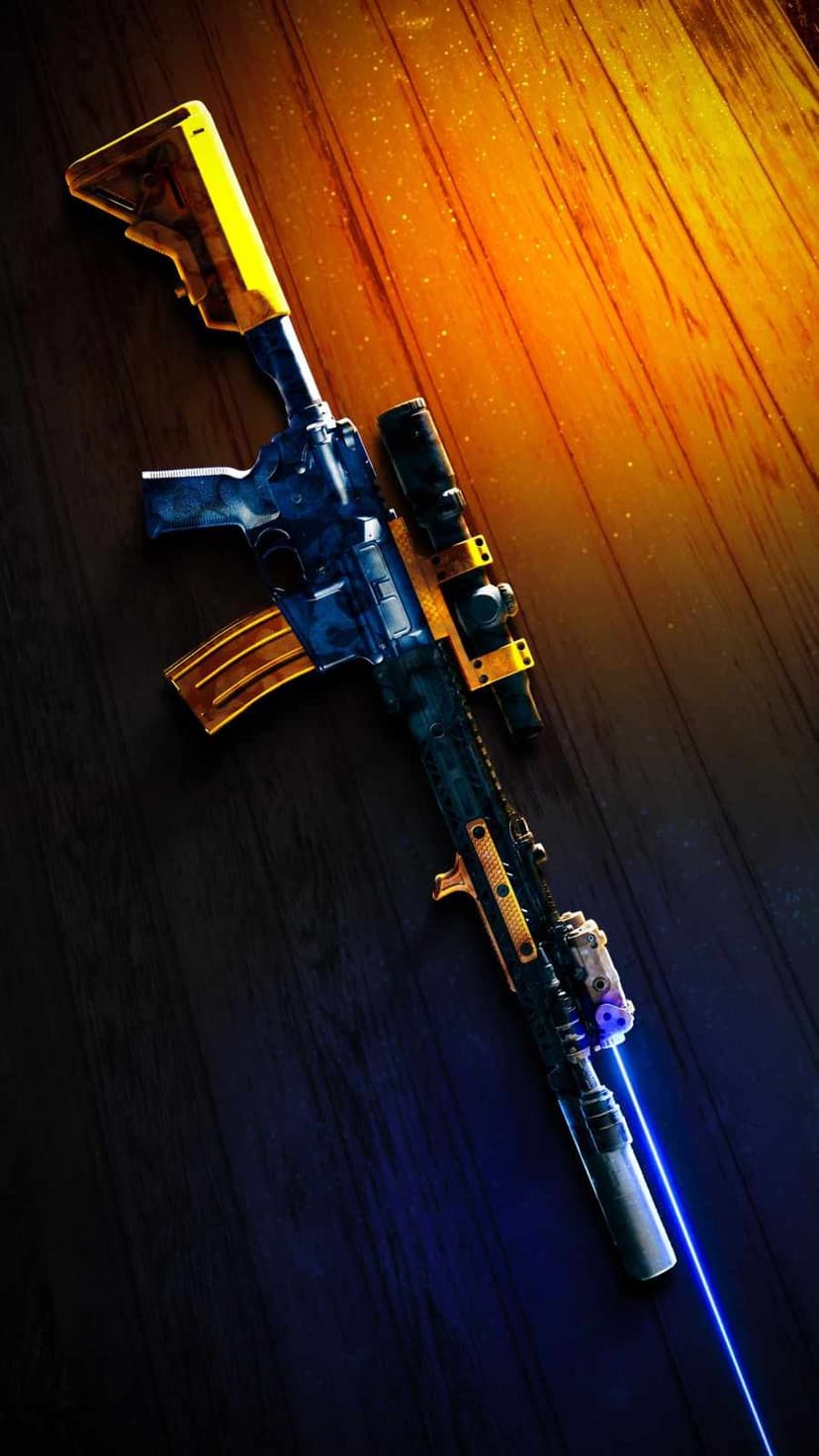 Futuristic assault rifle with a blue laser sight, gold accents, and a scope resting on a textured wooden surface.
