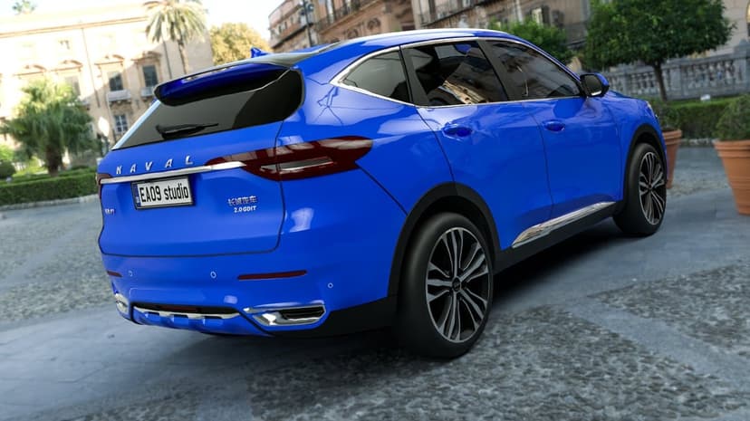 Bright blue Haval F7 SUV parked on a textured cobblestone street with European buildings in the background.