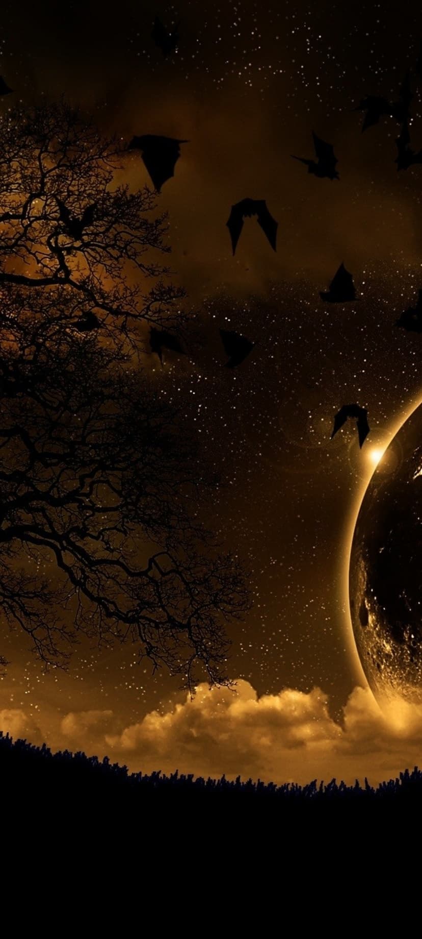 Flying bats swarm around a massive glowing celestial orb beside a leafless tree under a starry midnight sky.