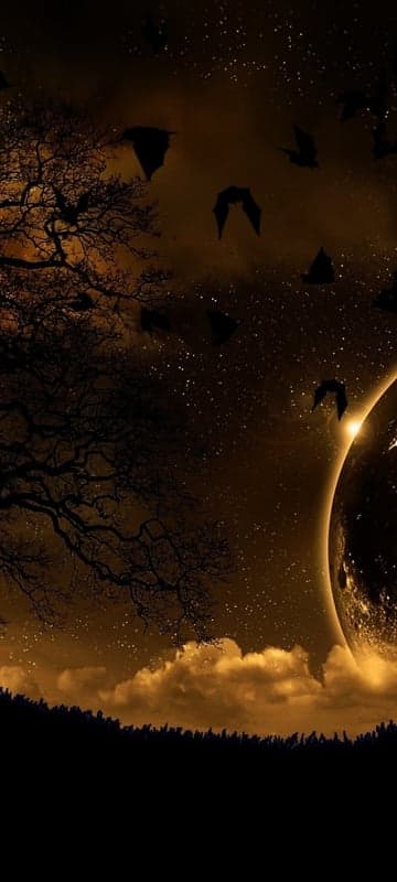 Spooky Night Sky with Bats and a Glowing Planet