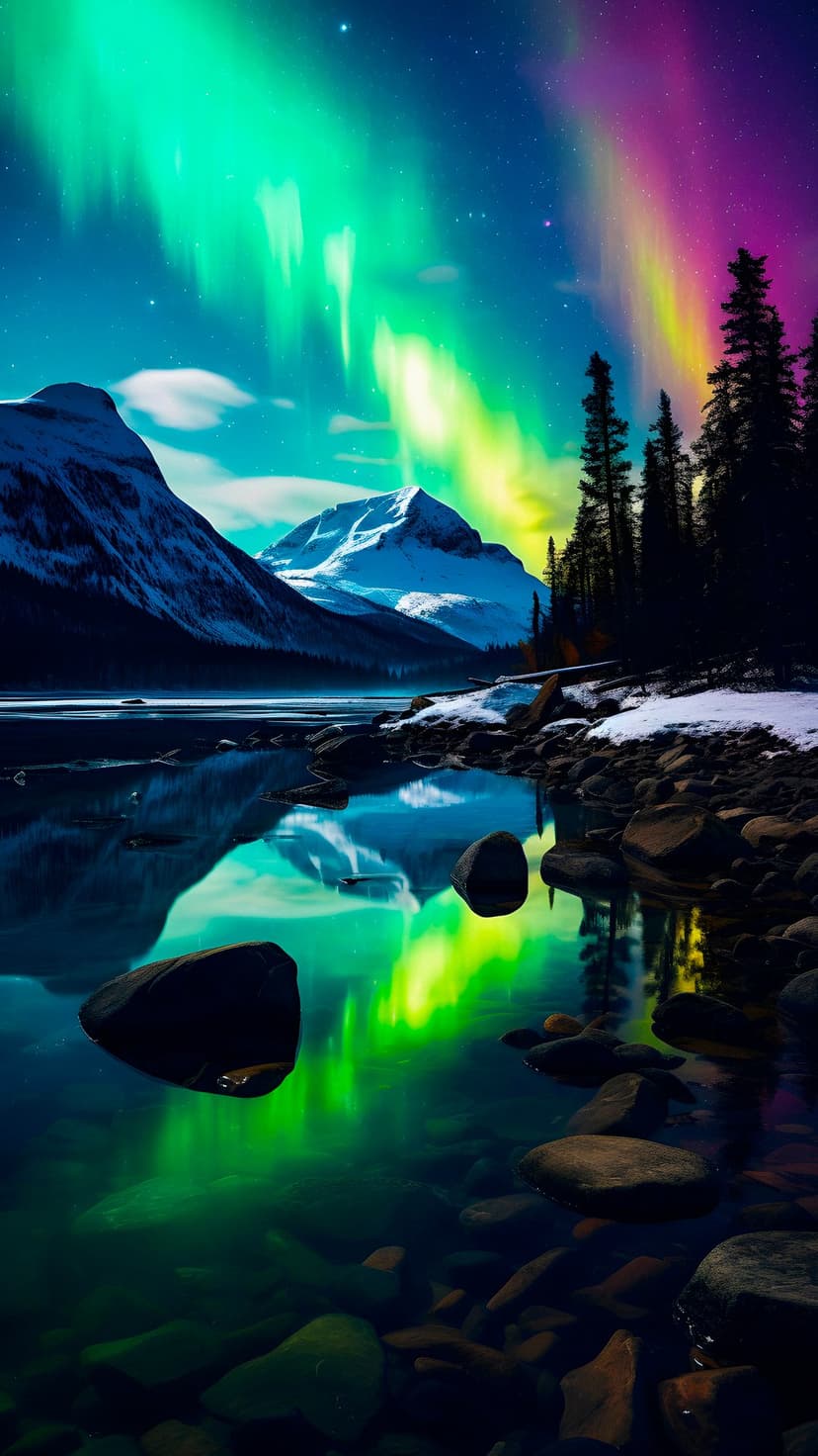 Green aurora borealis ribbons flow above snow-covered mountain ridges and a still lake with pine tree shadows.