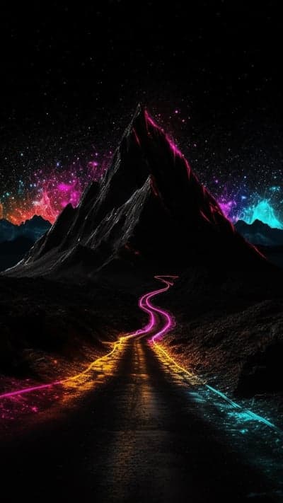 Cosmic Mountain Road Aurora Neon Lights