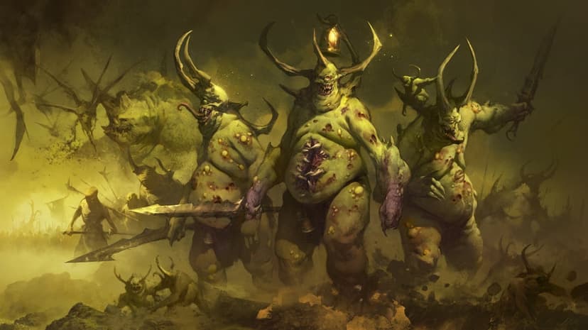 Three massive horned green monsters with decaying skin and exposed guts march through a thick yellow haze.