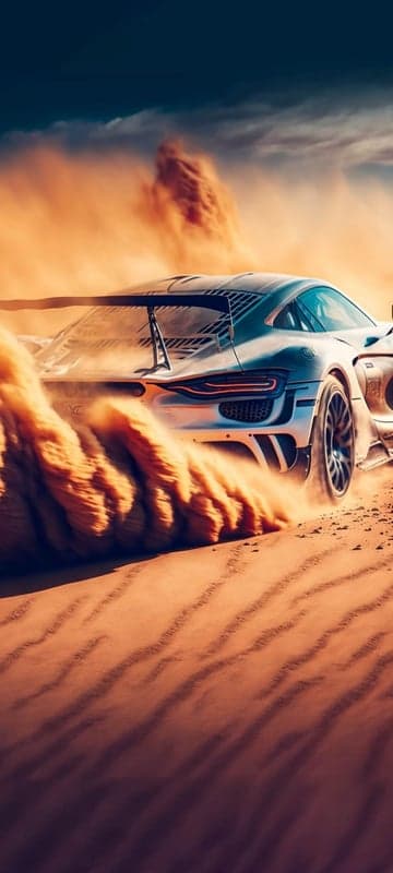 Sports car kicking up sand in desert race