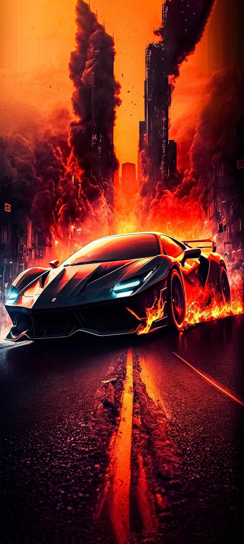 Dark supercar speeds past flaming ruins under a glowing orange sky in this high-resolution phone background.