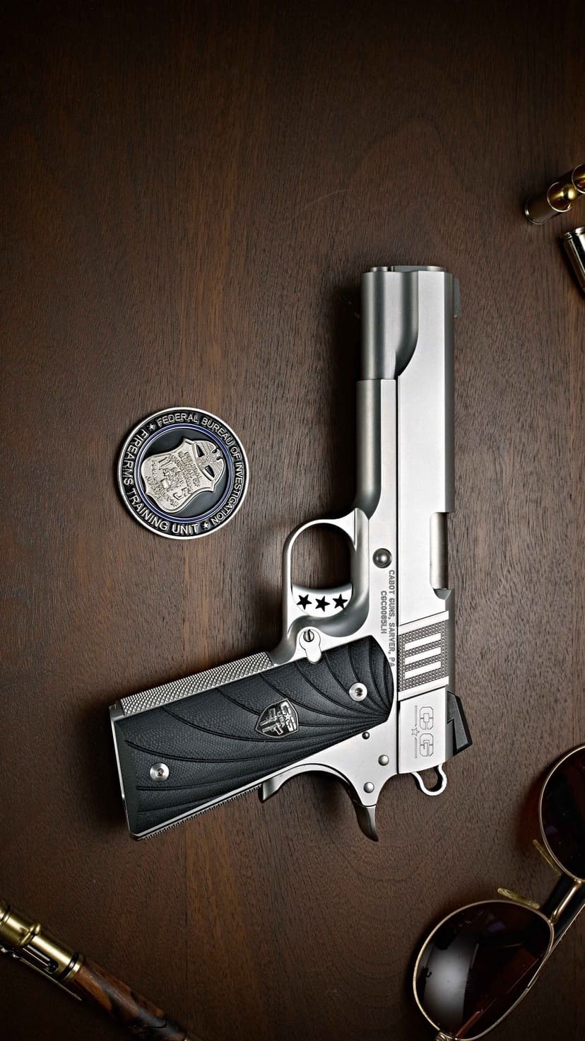 Silver semi-automatic pistol, law enforcement coin, and sunglasses rest on a dark textured wooden background.