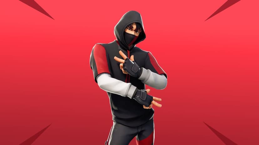 Fortnite Ikonik character in black and red hoodie posing against a solid red background with geometric bursts.