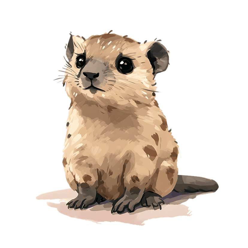 Watercolor hyrax with spotted brown fur and whiskers sitting upright on a black background in a painterly style.