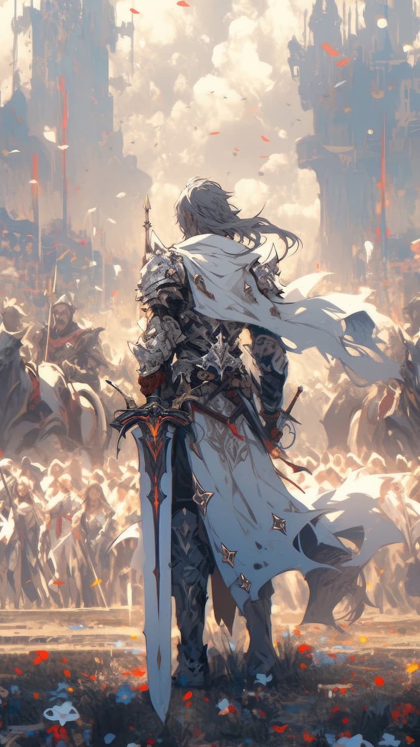 Knight in ornate plate armor holds a glowing sword against a backdrop of a medieval castle and a gathering army.