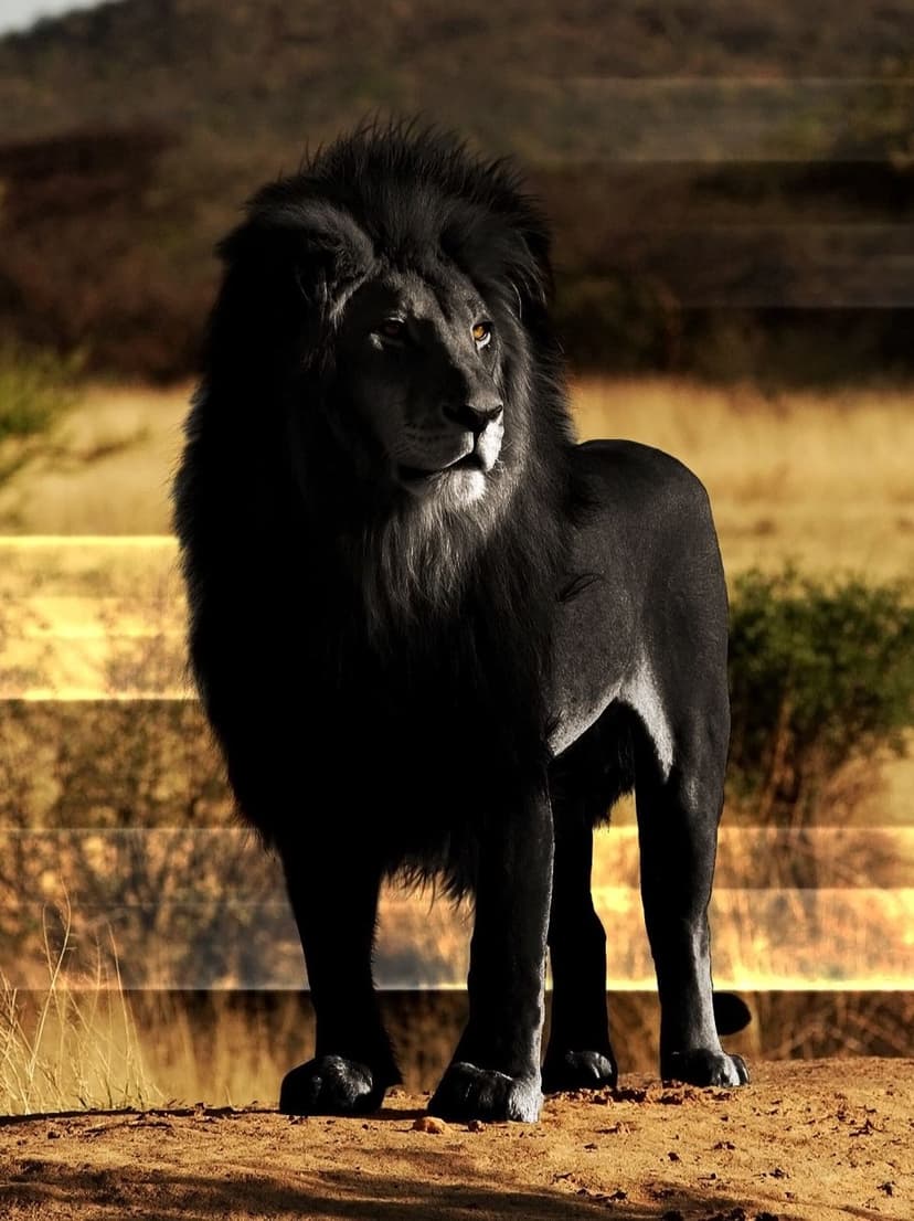Black lion with an obsidian mane stands on a dirt mound against a golden African savannah landscape.