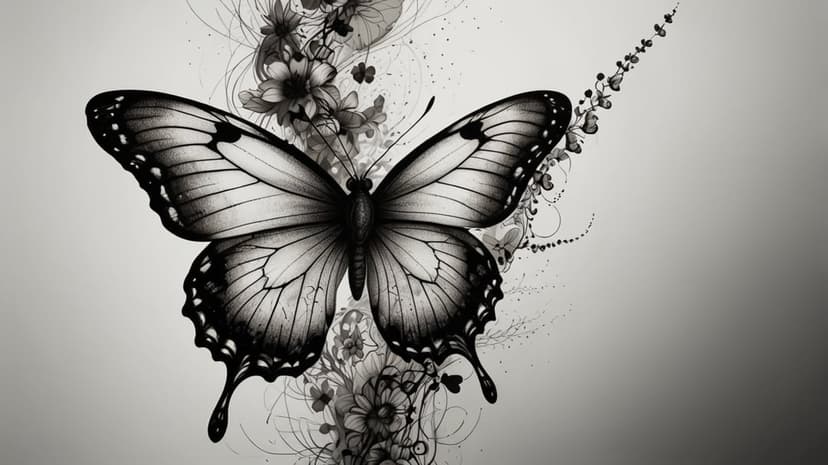 Butterfly with patterned wings surrounded by swirling floral vines and ink stippling in black and white tones.