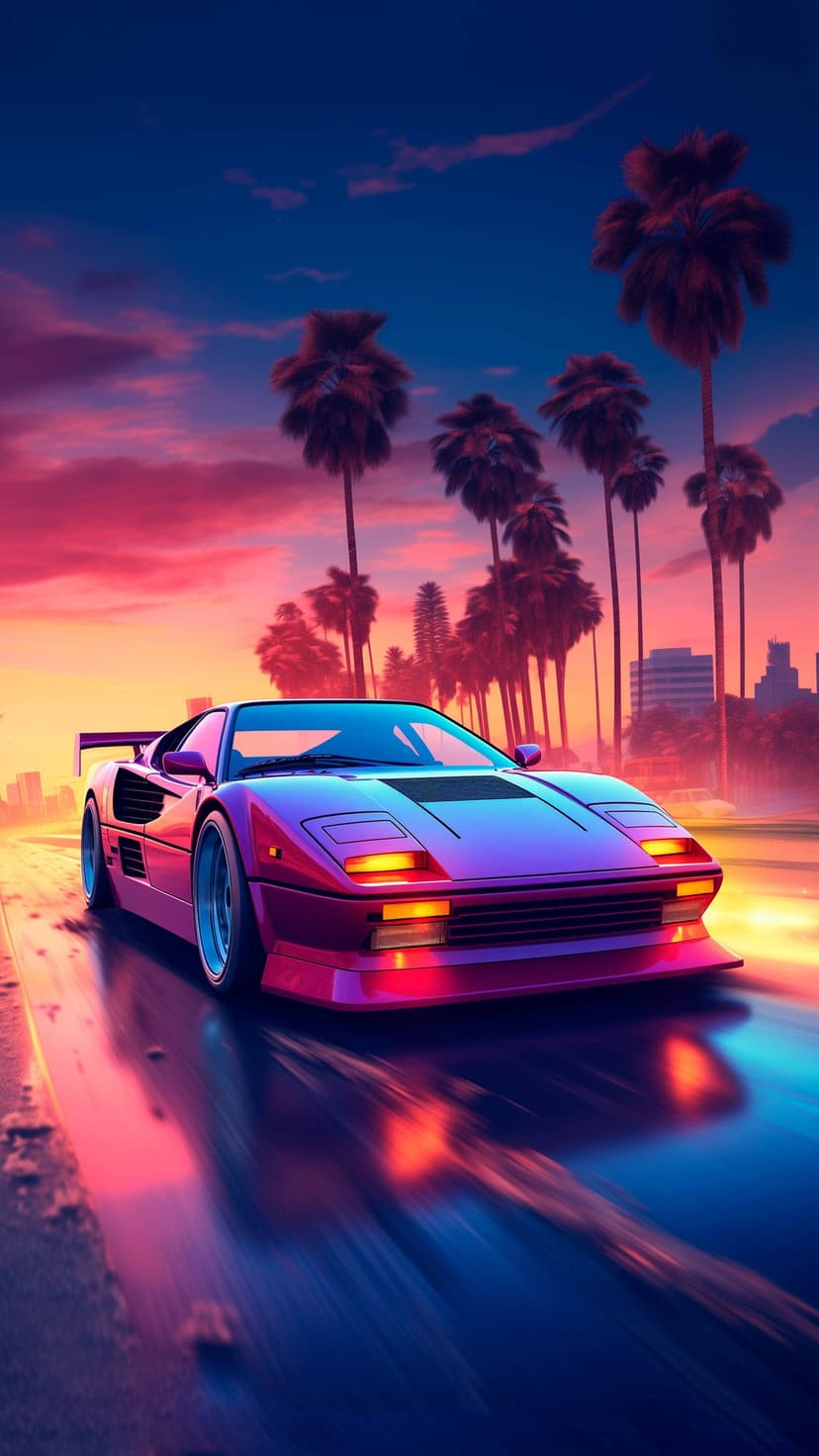 Red Ferrari cruising on a wet road past palm trees under a pink and orange Miami sunset with city reflections.