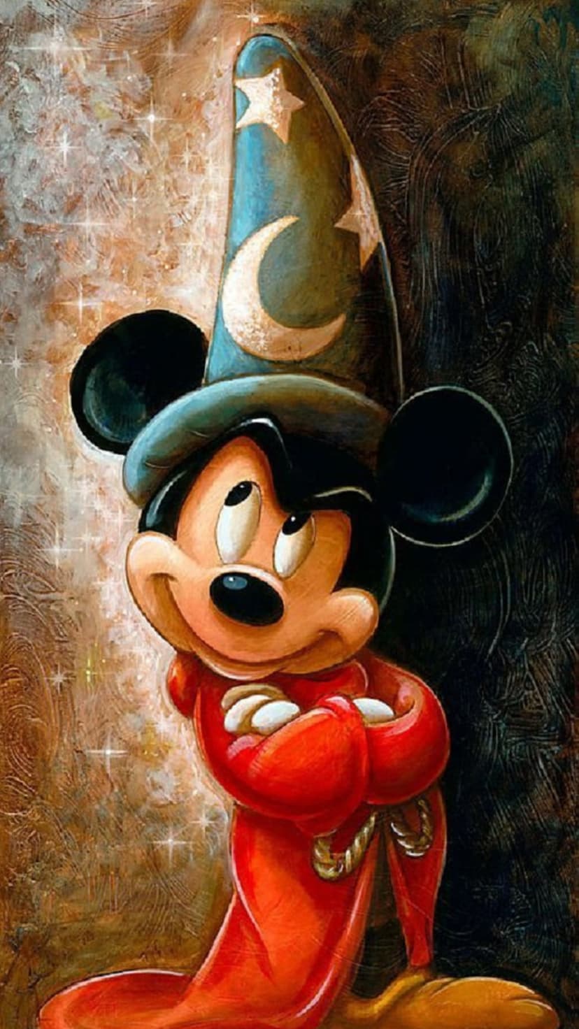 Mickey Mouse in red robes and a blue wizard hat with stars sits against a shimmering brown backdrop.