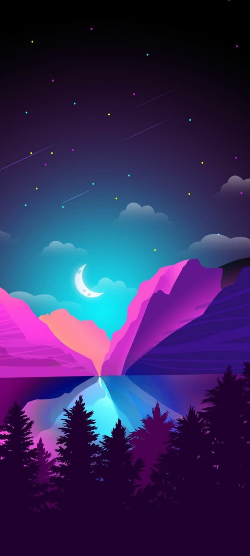 Glowing pink and purple mountains reflect in calm water beneath a crescent moon and stars in a teal night sky.