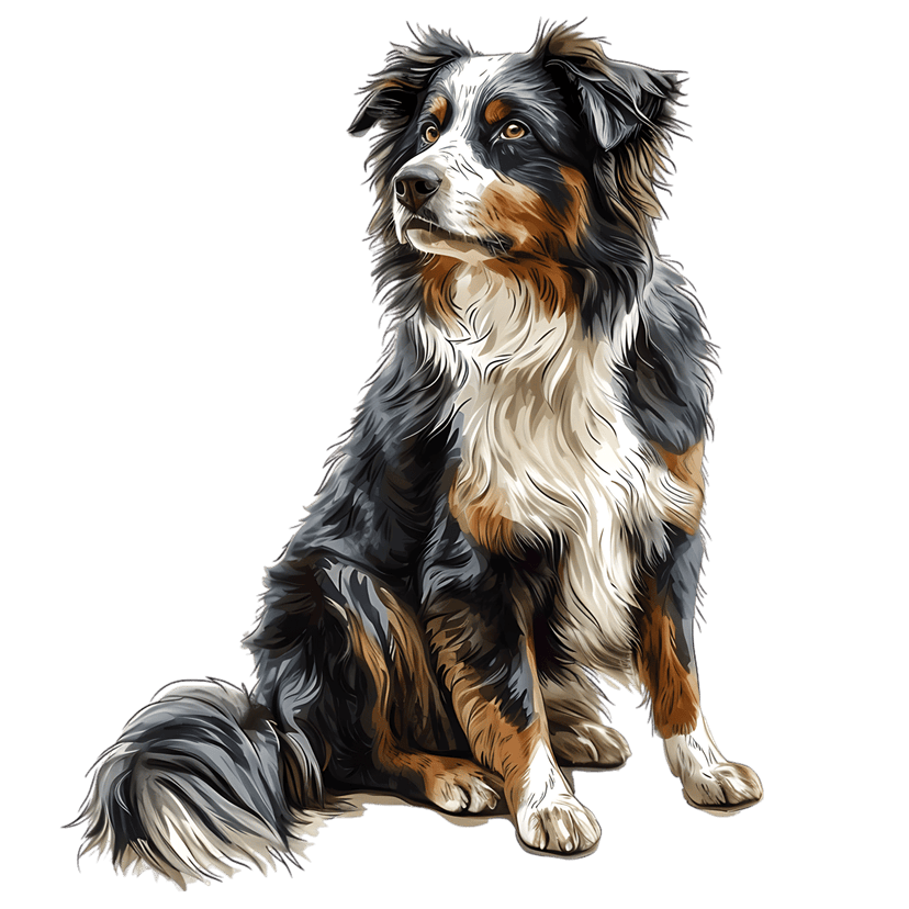 Australian Shepherd dog sitting against a solid black background with detailed tri-color fur and alert eyes.