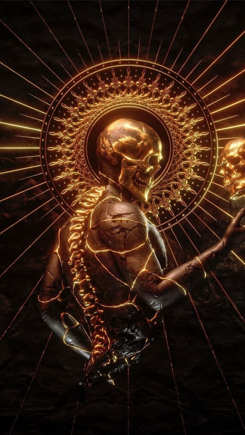 Golden cracked skeleton with glowing internal energy standing before a radiant sunburst halo on a dark background.