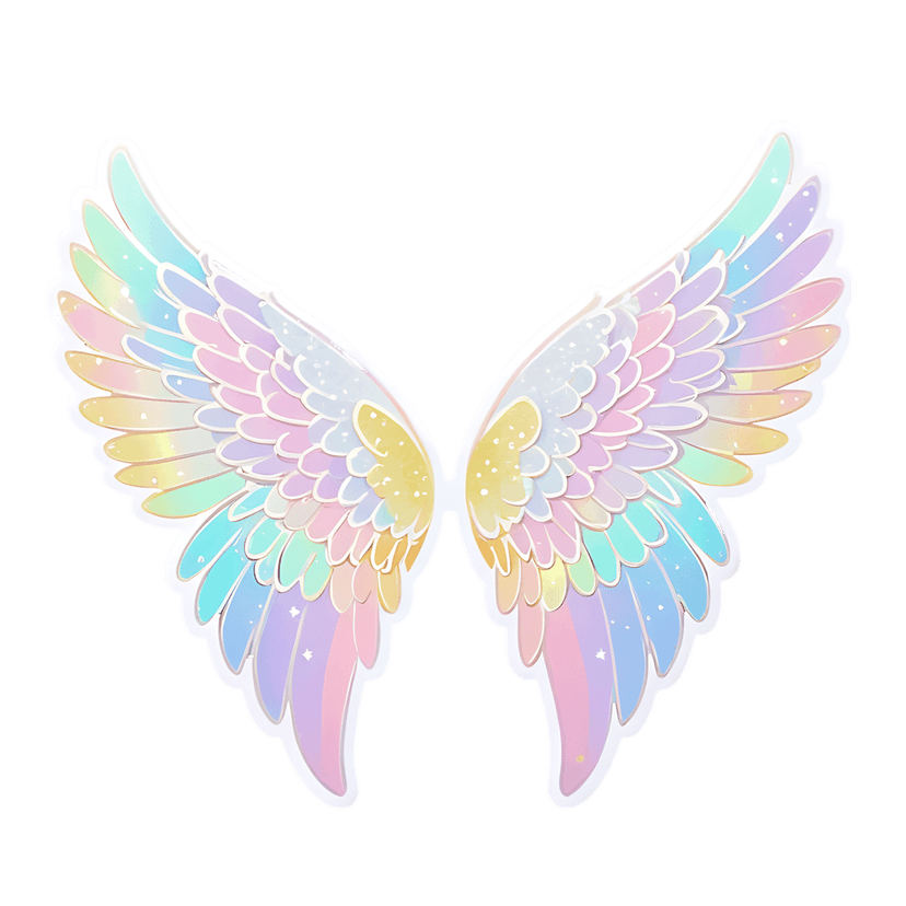 Rainbow angel wings illustration featuring symmetrical layered feathers with iridescent gradients and white edges.
