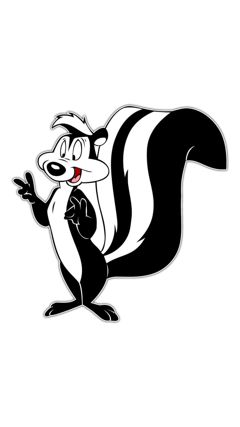 Pepe Le Pew the skunk stands with a peace sign, featuring a striped tail and classic black and white fur.