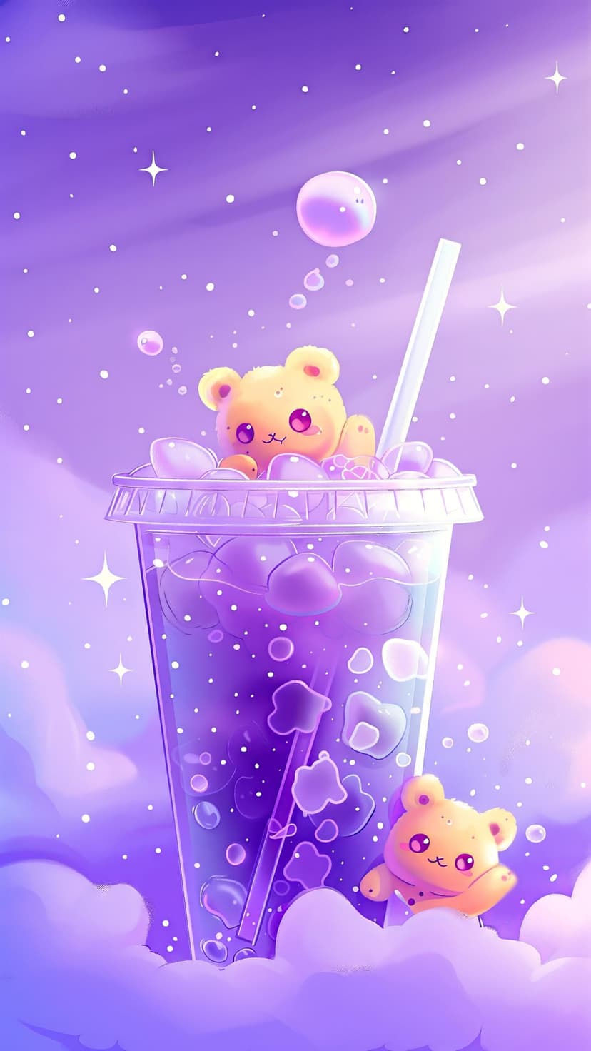 Yellow teddy bear peeking out from a purple bubble tea glass among glowing stars and soft pastel clouds.