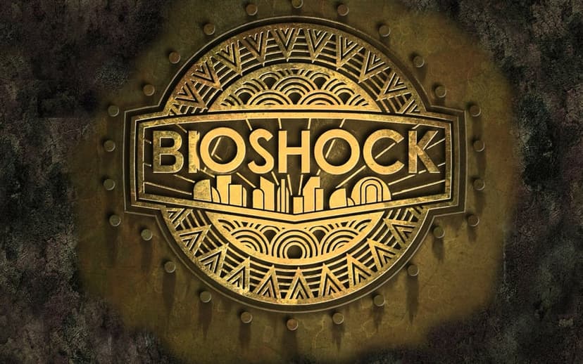 Bronze BioShock logo with Art Deco patterns and city silhouette centered on a dark weathered metallic surface.