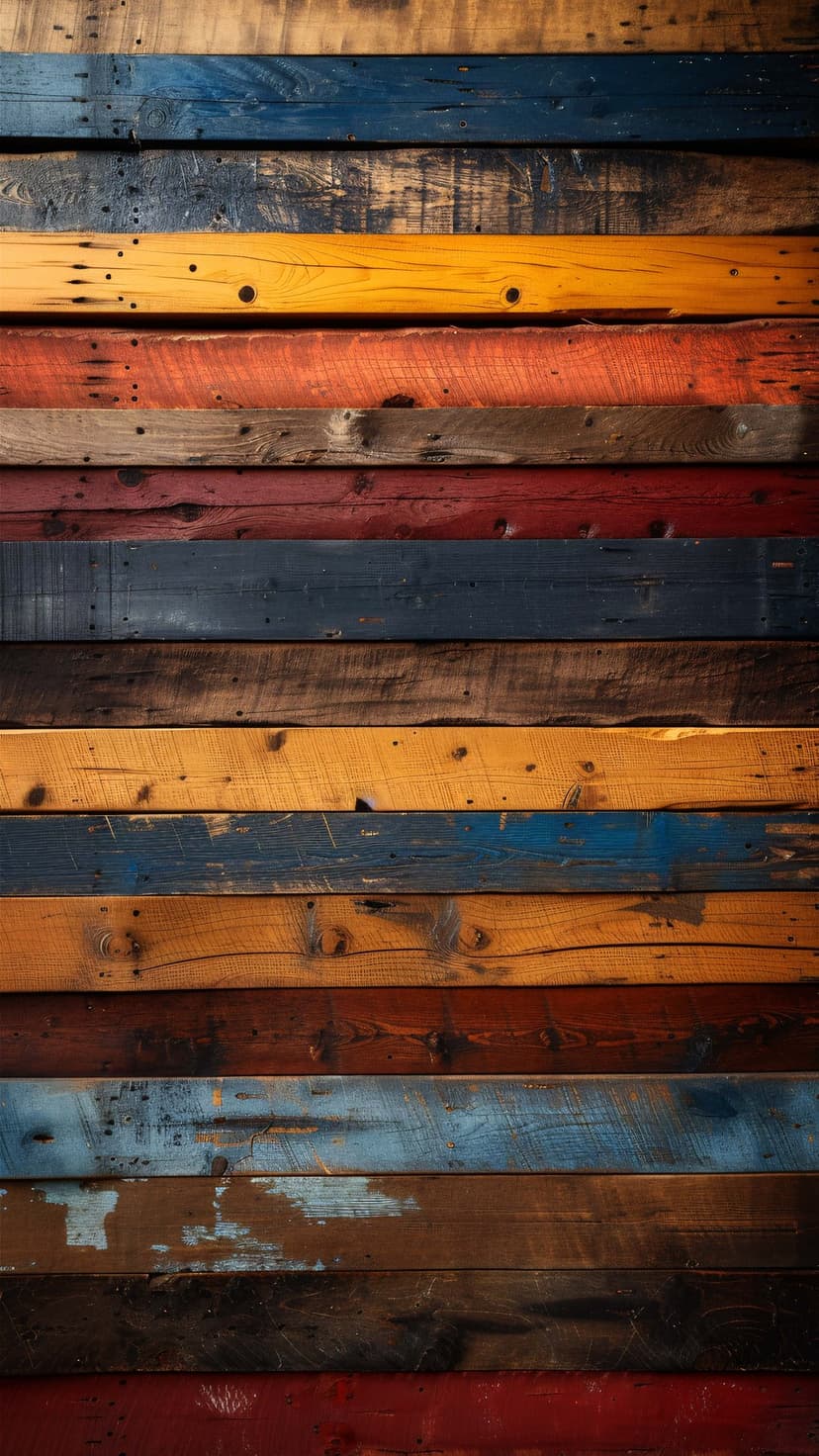 Distressed wood planks in blue, yellow, and red display peeling paint and natural grain on a vertical surface.