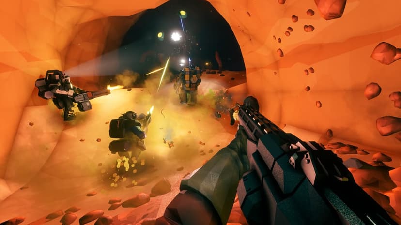 Space dwarves firing heavy weapons in a dark orange low-poly cave with bright muzzle flashes and sparks.