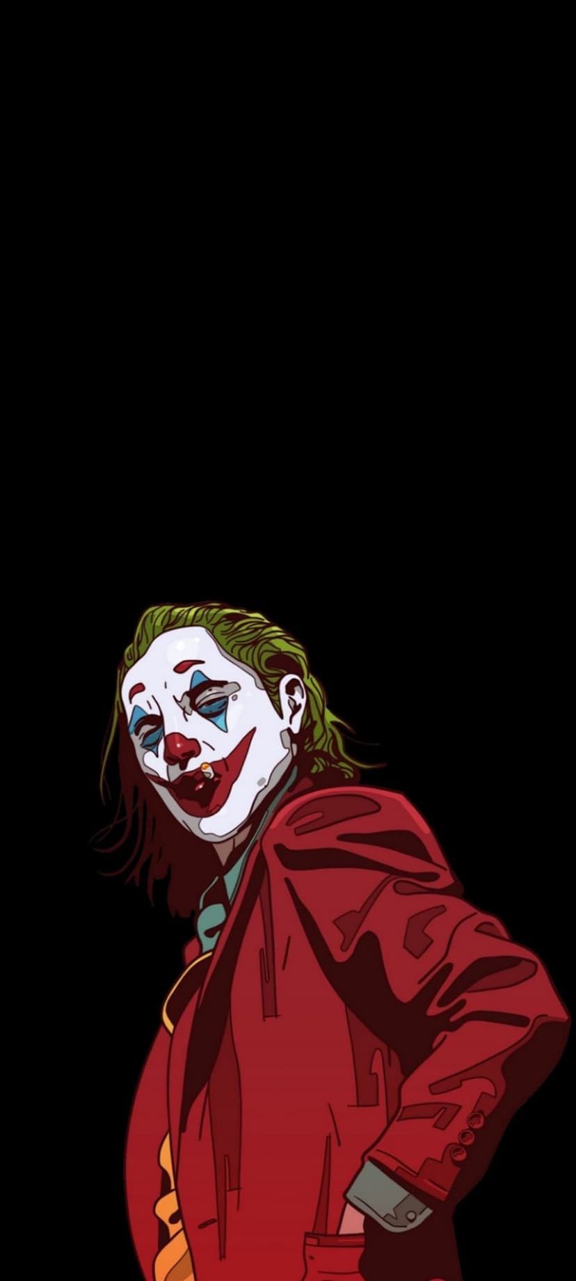 Joker wearing a red jacket and clown makeup smokes a cigarette against a dark, shadowy background.